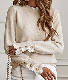 billiga -Dam Tröja Elegant Ledigt Mjukt Ren färg Ribbad Rund hals Stickat Långärmad Vanliga toppar Sticka Utomhus Dagligen Helgen Svart Rubinrött Höst Vinter