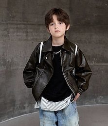 voordelige -Kinderen Jongens Zwart leren jack Jack bovenkleding Effen Lange mouw Rits omhoog WATERDICHT Windbestendig: jas Dagelijks Modieus Casual Zwart Groen Lente Herfst 4-12 jaar