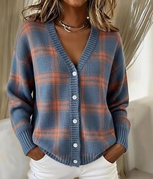 preiswerte -Damen Strickjacke Vintage Täglich V Ausschnitt Druck Langarm Normale Oberteile Stricken Arbeit Täglich Blau Frühling Herbst