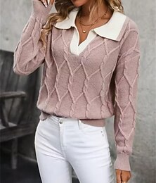 billiga -Dam Tröja Elegant Ledigt Ren färg Ribbad Tröjkrage Stickat Långärmad Vanliga toppar Sticka Utomhus Dagligen Helgen Chockrosa Svart Höst Vinter