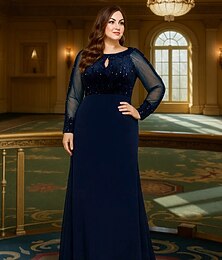 preiswerte -A-Linie Bodenlang Abendkleid Langarm Rundhalsausschnitt Elegant Vintage Übergröße Polyester Brautmutterkleid mit Paillette