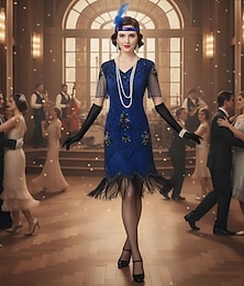 cheap -Set Retro Vintage Roaring 20s 1920s Knee Length Flapper Dress Cocktail Dress Fancy Costume with Accessories Short Sleeves The Great Gatsby Flapper Girl Sequins Tassel Fringe V Neck Fancy Dress Women's