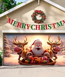 abordables -Housse de porte de garage de Noël, Père Noël avec renne skiant, sapin de Noël et neige, grande toile de fond suspendue, bannière murale de vacances extérieure, décoration de jardin, de maison, festive