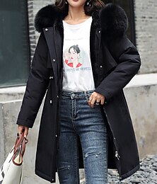 preiswerte -Damen Parka Warm Bequem Fellbesatz Reißverschluss Tasche Lässig Einfach Urlaub Lässig Alltagskleidung Ausgehen Lang Mit Kapuze Normale Passform Langarm Oberbekleidung Schwarz Hellgrün Rote Herbst