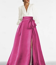 voordelige -A-lijn Strijksleep Avondjurken Baljurk  Formele kleding Elegant Hoge splitsing Lange mouw V-hals Formeel Bruiloft gast Satijn met Plooien Split