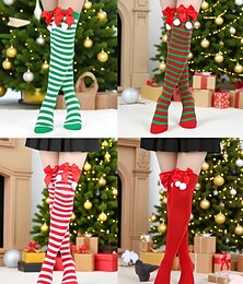 preiswerte -Damen Weihnachtsstrümpfe Set, 4 Paar gestreift &einfarbige rote Weihnachtsstrümpfe mit Schleifen und Bommeln, festliche Overknee-Socken für Winterpartys &Geschenke