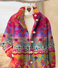 preiswerte -Damen Blazer Warm Bequem Knöpfe Vintage Mode Modern Lässig Blumen Urlaub Heim Lässig Täglich Regulär Stehkragen Normale Passform Langarm Oberbekleidung Gelb Purpur Orange Herbst Winter