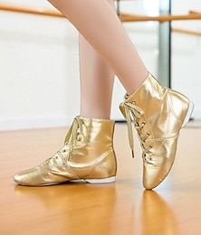 رخيصةأون -حذاء رقص الجاز الذهبي للنساء برباط، حذاء كاحل جلدي احترافي بنعل ناعم للعروض المسرحية & يمارس