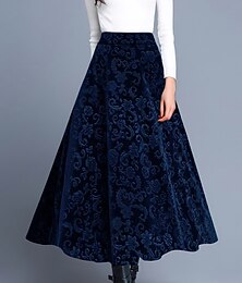 olcso -Női Szoknya A-vonalú Elegáns Divat Alkalmi Maxi Magas derék Szoknyák Virágos Virágos Mikroelasztikus Utca Napi Bor Medence Bíbor Lóhere Tavasz Bársony