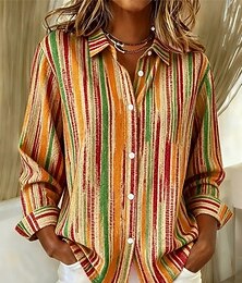 economico -Per donna Camicia Blusa Grafico Geometrico A righe Casual Manica Lunga Colletto a Camicia Top Regolari Quotidiano Patchwork Bottoni Stampato Blu Arancione Verde Primavera Autunno Inverno