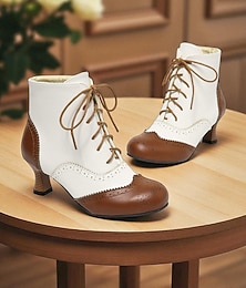 economico -stivaletti alla caviglia da donna in stile edoardiano vittoriano, bianchi e neri, con lacci, dettagli brogue e tacco a gattino - stivali eleganti vintage per donne, perfetti per cosplay, steampunk