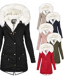 preiswerte -Damen Wintermantel Kunstpelzmantel Kapuzenjacke Warm Bequem Fellbesatz Reißverschluss Tasche Knöpfe Lässig Einfach Outdoor Urlaub Alltagskleidung Ausgehen Lang Mit Kapuze Normale Passform Langarm
