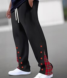 voordelige -Voor heren Raster- / geruite patronen Nep-knoopprint Broeken Vrijetijdsbroek Medium Taille Trekkoord elastische taille Casual Buiten Feestdagen Broek met rechte pijpen Lente Herfst 3D-afdrukken Zwart