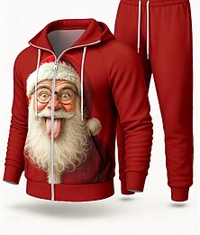 preiswerte -Weihnachten Herren Kapuzensweatshirt Trainingsanzug 2-teiliger Trainingsanzug Kordelzug Reißverschluss Kombination Herbst Rot Berufung Outdoor Reise Leicht Mode Langarm Sport Sportkleidung Dehnbar