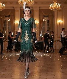 levne -Sada Retro Řvoucí 20s 20. léta 20. století Polední Bubenové šaty Koktejlky Fancy kostým s příslušenstvím Krátké rukávy Velký Gatsby Buben dívka Flitry Třásně Do V Maškarní kostým Dámské Vánoce Nov