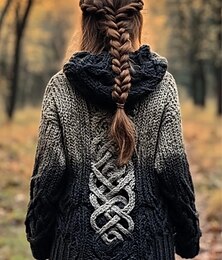 preiswerte -Damen Strickjacke Täglich Lässig Grafik Geometrisch Gerippt Mit Kapuze Patchwork Tasche Knöpfe Langarm Lange Oberteile Stricken Outdoor Wochenende Schwarz Blau Herbst Winter