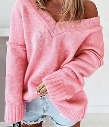 Недорогие -Жен. Вязаная ткань На каждый день Мягкий Чистый цвет Рельефный узор V-образный вырез Трикотаж Длинный рукав Обычные топы Вязать на открытом воздухе Повседневные выходные Розовый Осень Зима