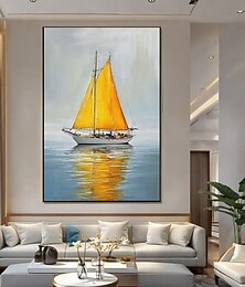 abordables -Grande peinture à l'huile faite à la main jaune abstrait voilier peinture à l'huile sur toile nautique paysage marin art mural voilier texture peinture acrylique salon décoration murale
