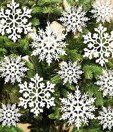 olcso -36 db-os hópelyhek - karácsonyfadíszek, hópehely díszek fára, műanyag csillámos fehér hópelyhek díszek, karácsonyi beltéri téli csodaország dekoráció