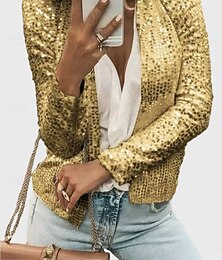 preiswerte -Damen Freizeitjacke Bequem Atmungsaktiv Pailletten Öffnung vorne Lässig Einfach Urlaub Party Straße Alltagskleidung Offene Vorderseite Kurz Kragenlos Schlank Langarm Oberbekleidung Silber Schwarz