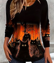 abordables -T-shirt à col rond pour femmes avec graphique de citrouille chat vintage stylé classique manches longues regular tops quotidiens impression orange printemps automne hiver