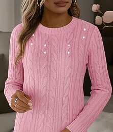 billiga -Dam Tröja Elegant söt stil Ledigt Rund hals Pärlor Långärmad Vanliga toppar Sticka Dagligen Datum Helgen Svart Vit Höst Vinter