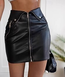 abordables -Femmes Moulant Mode Métallique Sexy Mini Taille haute Jupes Uni Froncé Micro-Élastique Rue Quotidien Noir Printemps Similicuir Polyester