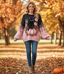 preiswerte -Damen Pullover Täglich Lässig Blumen Tiermotiv Gerippt Rundhalsausschnitt Gestrickt Druck Langarm Normale Oberteile Stricken Outdoor Wochenende Rosa Herbst Winter