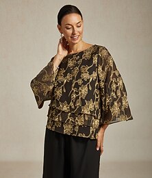 preiswerte -Damen Bluse Chiffon Tops Spitze Blumen Elegant Stilvoll Lässig Rundhalsausschnitt Normale Oberteile Hochzeitsgast Outfits für die Verabredung am Abend Abendkleidung Gold Frühling Herbst Winter