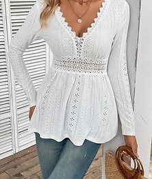 זול -בגדי ריקוד נשים חולצת תחרה צבע אחיד אלגנטית מסוגנן בסיסי שרוול ארוך צווארון V חולצות רגילות יומי תחרה טלאים לבן אביב סתיו חורף