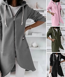 preiswerte -Damen Wintermantel Warm Bequem Reißverschluss Tasche Lässig Einfarbig Urlaub Straße Lässig Alltagskleidung Lang Mit Kapuze Normale Passform Langarm Oberbekleidung Schwarz Rosa Rote Herbst Winter