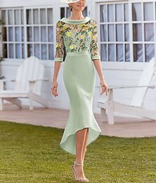 preiswerte -Meerjungfrauenschnitt Kleid Asymmetrisch Tee-Länge Partykleid Cocktailkleid Halbarm Juwelenhals Elegant Vintage Formell Hochzeitsgast Stretchstoff Brautmutterkleid mit Spitze Stickerei