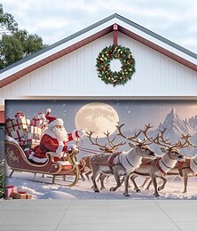 baratos -Capa de porta de garagem de natal papai noel com rena esquiando sob o luar grande cenário pendurado ao ar livre banner de parede de feriado quintal casa festiva decoração de natal sazonal