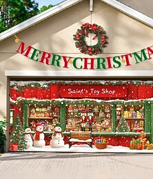 olcso -karácsonyi garázsajtó borító játékbolti jelenettel, ünnepi garázs banner hóemberekkel és ajándékokkal, kültéri karácsonyi dekoráció otthoni kocsifelhajtóhoz és előkerthez