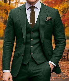 voordelige -groene heren trouw tweed pakken effen 3-delig retro vintage plus size enkelrijs twee knopen