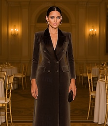 abordables -Robe smoking Gaine Formel robe demoiselle d honneur Satin Velours Élégant manche longue Longueur au sol Revers de pointe Double Boutonnage