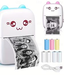 Недорогие -Новый дизайн 2025 года с очаровательным котом, USB-зарядка, печать фотографий и этикеток с разрешением 200 точек на дюйм, в комплект входит USB-кабель и комплект без чернил, идеально подходит для