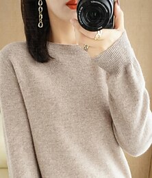 Недорогие -Жен. Вязаная ткань Пуловер Уличный стиль На каждый день Сплошной цвет Вырез под горло Трикотаж Длинный рукав Обычные топы Вязать Повседневные Праздники На выход Белый Красный Осень Зима