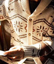 abordables -Homme Pull Gilet Cardigan Pull Fair Isle Côtelé Tricoter Tunique Boutonner Tricoté Géométrique Col châle Vacances Mode Occasionnel Tenue quotidienne Vêtement Tenue Automne & Hiver Noir Kaki S M L