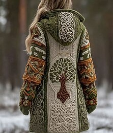 abordables -Femmes Cardigan Quotidien Occasionnel Graphique Géométrique Côtelé À capuche Patchwork Avec Poches Boutons manche longue Hauts Longs Tricoter Extérieur Week-end Vert Automne Hiver