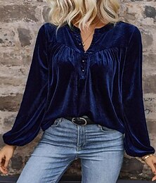 billiga -Dam Sammet Elegant Blus Knappar Ensfärgat Slät Elegant Stylish Ledigt Långärmad V-hals Vanliga toppar Dagligen Helgdag Utekväll Blå Brun Vår Höst