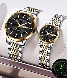 abordables -Deux nouvelles montres à quartz d'affaires à la mode pour les couples - boîtier en acier inoxydable, résistance à l'eau IPX7, double calendrier luminescent, date et affichage dimanche/lundi, bracelet