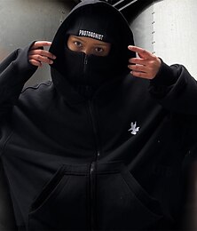 abordables -Sudadera con capucha y pasamontañas para hombre, con cremallera completa, pasamontañas, capucha negra, blanca y roja, con bolsillo liso, para deportes al aire libre, uso diario, vacaciones, poliéster, ropa de calle básica, informal, para primavera y otoño