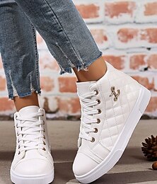 levne -Dámské bílé prošívané vysoké tenisky, módní šněrovací boty na platformě se zlatými detaily, stylová ležérní obuv pro každodenní nošení i na výlety