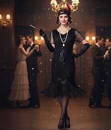 preiswerte -Set Retro Vintage Goldene Zwanziger 1920er Knielang Flapper Kleid Cocktailkleid Ausgefallene Kostüme mit Zubehör Kurze Ärmel Der große Gatsby Flapper-Mädchen Pailletten Quastenfransen V Ausschnitt