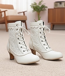 levne -Dámské bílé viktoriánské šněrovací kotníkové boty s nízkým podpatkem a vroubkovaným lemem, vintage retro edvardovské módní boty z 20. let 20. století pro každodenní nošení, cosplay &svatební oblečení