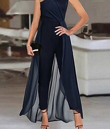 abordables -Femmes Normal Combinaison Élégant Couleur Unie Sans manches Col en V Broderie Taille haute Vacances Quotidien Coupe régulière bleu marine Été