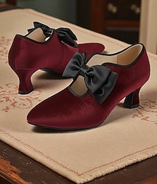 economico -scarpe da donna con tacco a gattino in velluto nero e fiocco nero - décolleté in stile vittoriano vintage per signore, perfette per matrimoni, feste Gatsby &abiti da sera formali