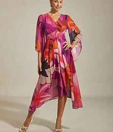 levne -Dámské šifonové maxi šaty s abstraktním květinovým potiskem, průsvitná splývavá látka, ležérní, destinace, svatební host, dovolená, plážové letovisko, jaro, léto, podzim