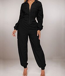 abordables -Femmes Combinaison Actif Couleur Unie manche longue Pantalons Cargo Col de chemise Fermeture éclair Avec Poches Vacances Quotidien Coupe régulière Noir Abricot Printemps